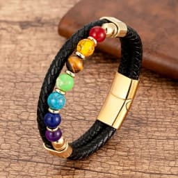 Natural Round Chakra Bead Stone Men's Bracelet Classic Black Genuine Leather Stainless Steel Bangles Women 2020 Fashion Jewelry