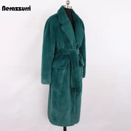 Nerazzurri Winter Long Green Warm Soft Loose Fluffy Faux Fur Coat Women Belt Lapel Elegant Luxury Designer Korean Fashion 2021
