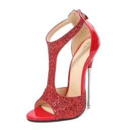 Crossdresser Luxurious Summer Red Sandals 16cm Thin High-heeled Wedding Shoes Woman Female Buckle Sequins Steel Pipe Dance Pumps