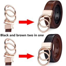 Women Reversible Leather Belt 2 in 1 Rotated 2 Rings Gold Buckle 3.4cm Wide Suitable for Pairing with Various Pants