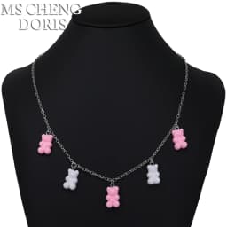 Handmade 7 Colors Cute Cartoon Bear Acrylic Chain Necklaces Candy Color Pendant For Women&Girl Daily Jewelry Party Gifts