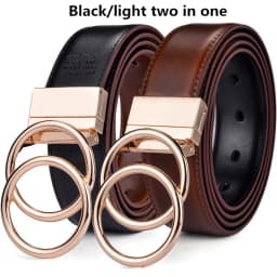 Women Reversible Leather Belt 2 in 1 Rotated 2 Rings Gold Buckle 3.4cm Wide Suitable for Pairing with Various Pants