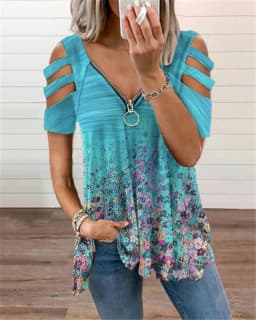 New Summer Cold Shoulder Leopard Print Zipper V-Neck Loose Casual Ladies Shirt Tops Spring Sexy Women Blouse 2022 New Clothes