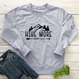 Hike More Worry Less Sweatshirt Casual Unisex Camping Pullovers Funny Women Graphic Outdoors Wanderlust Sweatshirts