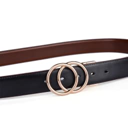Women Reversible Leather Belt 2 in 1 Rotated 2 Rings Gold Buckle 3.4cm Wide Suitable for Pairing with Various Pants