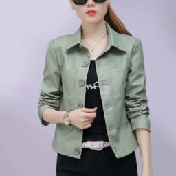 UHYTGF Leather Jacket Women Single-breasted PU Washed Leather Autumn Leather Coat Solid Color Wild Slim Short tops Big Size 827