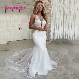 Sexy Mermaid Wedding Dresses Open Back Scoop Neck Plus Size Lace Appliques Bridal Gowns Sweep Train Vestido De Casamento