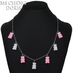 Handmade 7 Colors Cute Cartoon Bear Acrylic Chain Necklaces Candy Color Pendant For Women&Girl Daily Jewelry Party Gifts