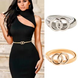 New Silver Gold Metal Belt Double Ring Imitate Rhinestone Lady Waist Belt Dress Suits Elastic Thin Slim Women Belts Waistband