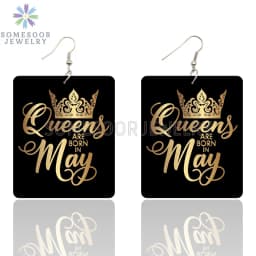 SOMESOOR Black Queen Are Born In 12 Months Wooden Drop Earrings Golden Crown Printed African Dangle For Women Birthday Gifts