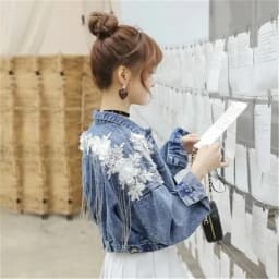 Denim Jacket Women Spring Autumn Korean Three-Dimensional Flower Embroidery Chain Tassel Loose Bat Sleeve Jeans Jackets Short F