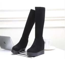 Autumn Winter Warm Wedges Knee High Boots Inner Increase Women's Round Toe Elastic Boots Long Tube Muffin Bottom Female Shoes