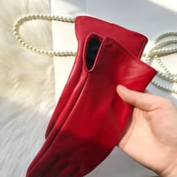 Women's Genuine Leather Gloves Red Medium Length Sheepskin Glove Thin Lining Autumn Winter Velvet Lining Hand Armguard Windproof