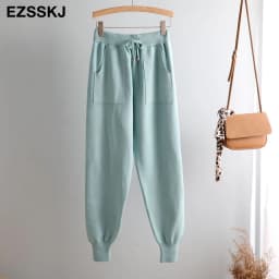 Women Elastic Waist Drawstring Trousers Thick Knitted Harem Pants Autumn Winter Sport swear Women'S Pants New Bottoms