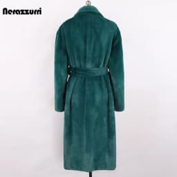 Nerazzurri Winter Long Green Warm Soft Loose Fluffy Faux Fur Coat Women Belt Lapel Elegant Luxury Designer Korean Fashion 2021