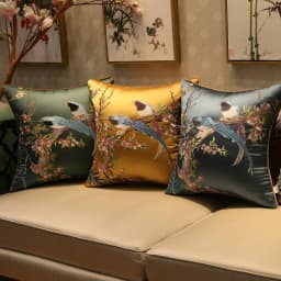 Medicci Home Silk Cushion Cover Spring Birds Embroidery Oriental Luxury Upmarket Brocade Pillowcase For Couch Sofa Bed 18x18Inch