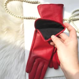 Women's Genuine Leather Gloves Red Medium Length Sheepskin Glove Thin Lining Autumn Winter Velvet Lining Hand Armguard Windproof