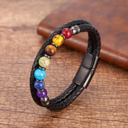 Natural Round Chakra Bead Stone Men's Bracelet Classic Black Genuine Leather Stainless Steel Bangles Women 2020 Fashion Jewelry