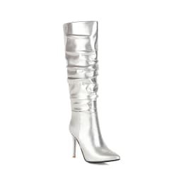 Metallic Bright Leather Color Ultra-High Stiletto Heel-Toe Knee-Length Boots Gun Color Short Plush Women's Boots Golden Pleated
