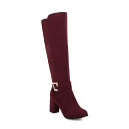 Oversized Cow Suede Thick-Heeled Knee-Length Boots With Metal Buckle Nubuck Leather High-Heeled Fashionable Round-Toe Navy Blue