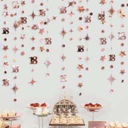 Rose Gold Happy Birthday Garlands Decorations Paper Circle Dots Star Hanging Streamer for 1st 16th 21st 30th 50th 70th Birthday