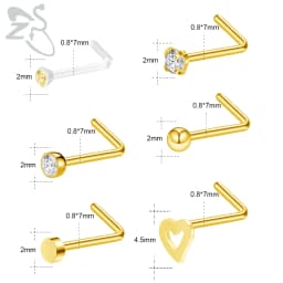 ZS 6-34pcs/Lot Heart Round Nose Piercing Ring Set Stainless Steel Crystal Nose Stud Pack L Shape Nose Nails Piercing Jewelry 20g