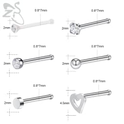 ZS 6-34pcs/Lot Heart Round Nose Piercing Ring Set Stainless Steel Crystal Nose Stud Pack L Shape Nose Nails Piercing Jewelry 20g