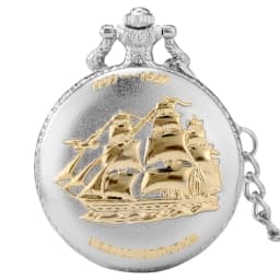Golden Sailing Boat Design Quartz Pendant Pocket Watch Arabic Numerals Round Dial Silver Fob Pocket Clock