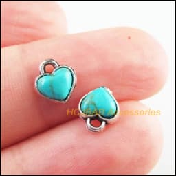 20Pcs Retro Gold Color Tibetan Silver Tone Tiny Heart Blue&Red Stone Charms Pendants 7x8mm