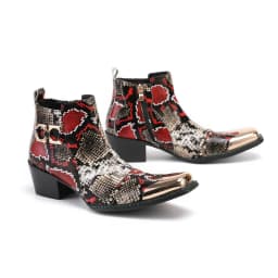 Men's Cowhide Serpentine Print Metal Decor Pointed Toe Belt High‑Heel Short Boots Western Cowboy Boots For Stage Show Party
