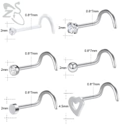 ZS 6-34pcs/Lot Heart Round Nose Piercing Ring Set Stainless Steel Crystal Nose Stud Pack L Shape Nose Nails Piercing Jewelry 20g