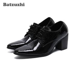 New 7.5cm High Heel Men Shoes Pointed Toe Black Patent Leather Dress Ankle Boots Men Party Zapatos De Hombre, Big Sizes 38-46