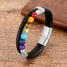 Natural Round Chakra Bead Stone Men's Bracelet Classic Black Genuine Leather Stainless Steel Bangles Women 2020 Fashion Jewelry