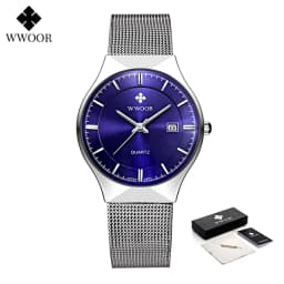 WWOOR Silver Men Watches with Mesh Steel Top Brand Luxury Ultra Thin Quartz Waterproof Date Business Wristwatch Box Montre Homme
