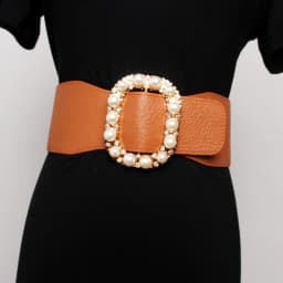 PU Leather High Elastic Wide Belt for Women Stretch Waist Belt for Dress Autumn Stretch Women Belts White Red Pearl Buckle Belt