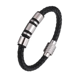 Simple Charm Braided Leather Stainless Steel Black Beaded Single Layer Chakra Bracelet Men's Couple Jewelry Gift