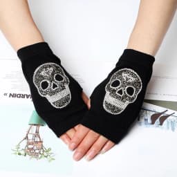 Women's Winter Warm Touch Screen Mitts Black Knit Half Finger Driving Gloves Punk Skull Rhinestone Short Hip-hop Gloves H82