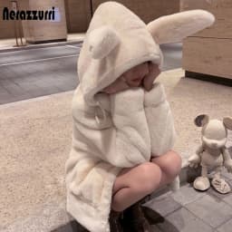 Nerazzurri Spring Fluffy Jacket with Rabbit Ears Raglan Sleeve Zipper Oversize Light Soft Harajuku Kawaii Faux Fur Hoodie 2021