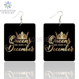 SOMESOOR Black Queen Are Born In 12 Months Wooden Drop Earrings Golden Crown Printed African Dangle For Women Birthday Gifts
