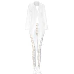 Cardi B Outfit Lace Up Blazer Backless 2 Piece Pants Set Tassel Eyelet Embellished Buckle V Neck Outwear Sexy Mesh Pants