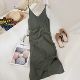 Fashion Knitted Women Dresses Elegant Solid Colid Korean Split Out Sleeveless V-Neck Party Female Dress Vestidos