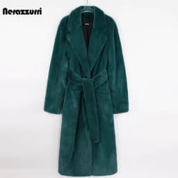 Nerazzurri Winter Long Green Warm Soft Loose Fluffy Faux Fur Coat Women Belt Lapel Elegant Luxury Designer Korean Fashion 2021