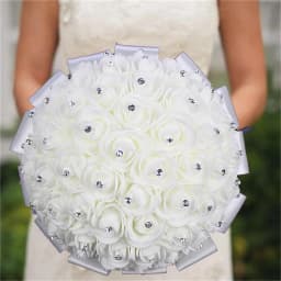 17design New White Wedding Bride Holding Flowers Artificial Bouquet Ribbon Rhinestone Pearl Bouquet Decoration Bride Groom Dance