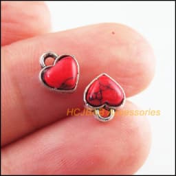 20Pcs Retro Gold Color Tibetan Silver Tone Tiny Heart Blue&Red Stone Charms Pendants 7x8mm