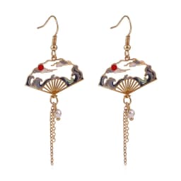 Chinese Style Folding Fan Crane Carp Lotus Asymmetrical Long Tassel Dangle National Style Earrings for Women Jewelry Gift