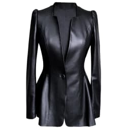 Lautaro Autumn Black Slim Soft Pu Leather Jacket Women Deep V Neck Long Puff Sleeve Elegant Luxury Skirted Blazer Fashion 2021