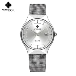 WWOOR Silver Men Watches with Mesh Steel Top Brand Luxury Ultra Thin Quartz Waterproof Date Business Wristwatch Box Montre Homme