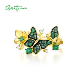SANTUZZA Silver Ring For Women 925 Sterling Silver Butterfly Gold Color Shiny Green Spinel Elegant Trendy Party Fine Jewelry