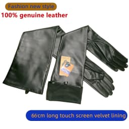 Women's Long Sheepskin Gloves with Touch Screen Leather Super Long Arm Sleeves Fashionable Warm Cashmere for Autumn Winter