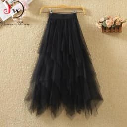 Women Sweet Midi Spring And Summer High Waist Solid Asymmetrical Elegant Chic White Mesh Tulle Skirts Faldas